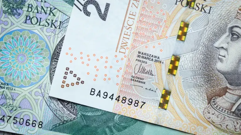 Banknot dwustuzłotowy Narodowego Banku Polskiego leżący na zielonej tkaninie, zbliżenie na detale.