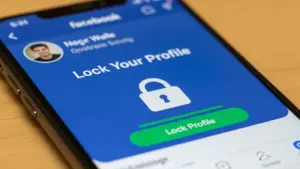 Smartfon wyświetlający opcję blokady profilu użytkownika w mediach społecznościowych w celu ochrony.
